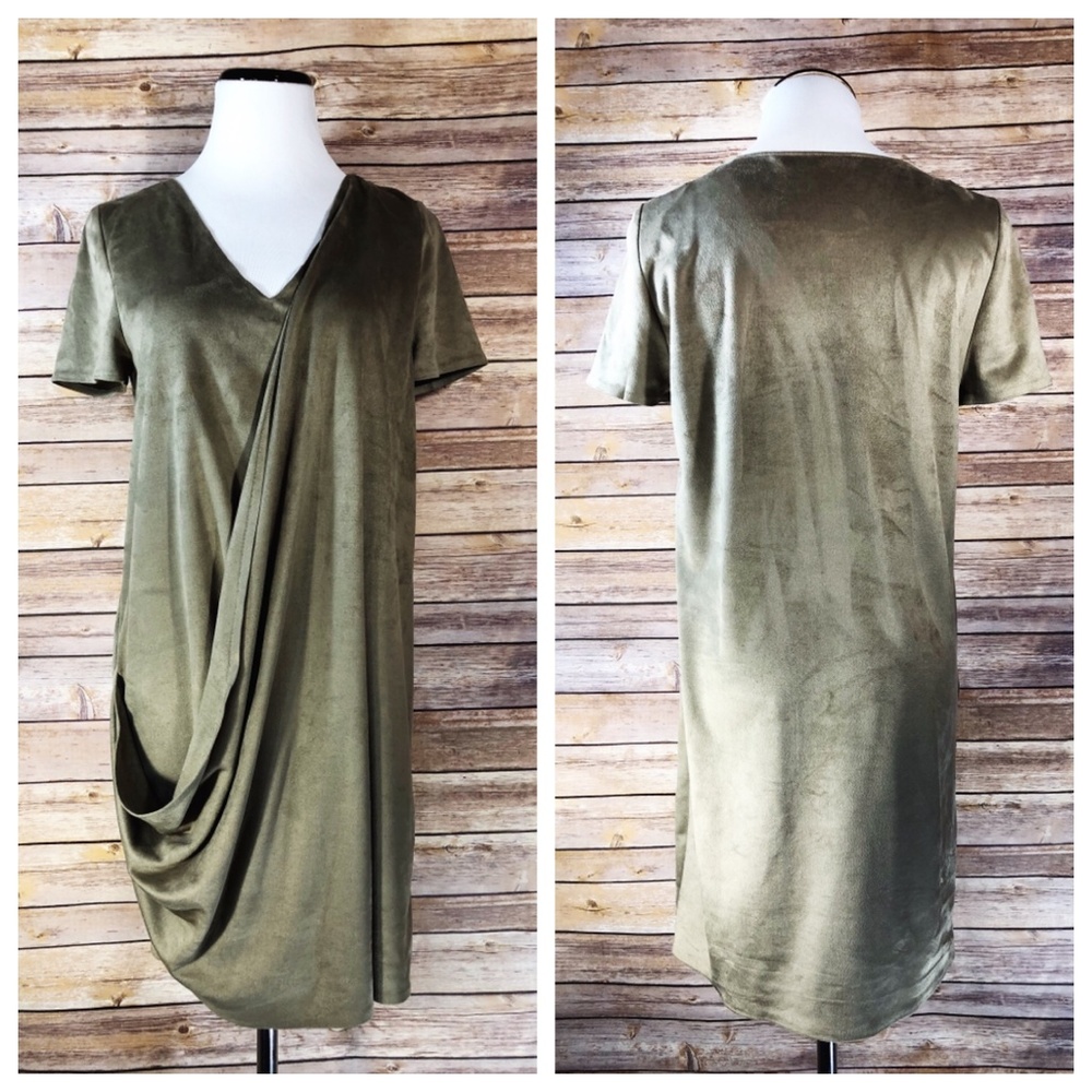 Zara Draped Front Olive Green Faux Suede Dress - Picture 1 of 7